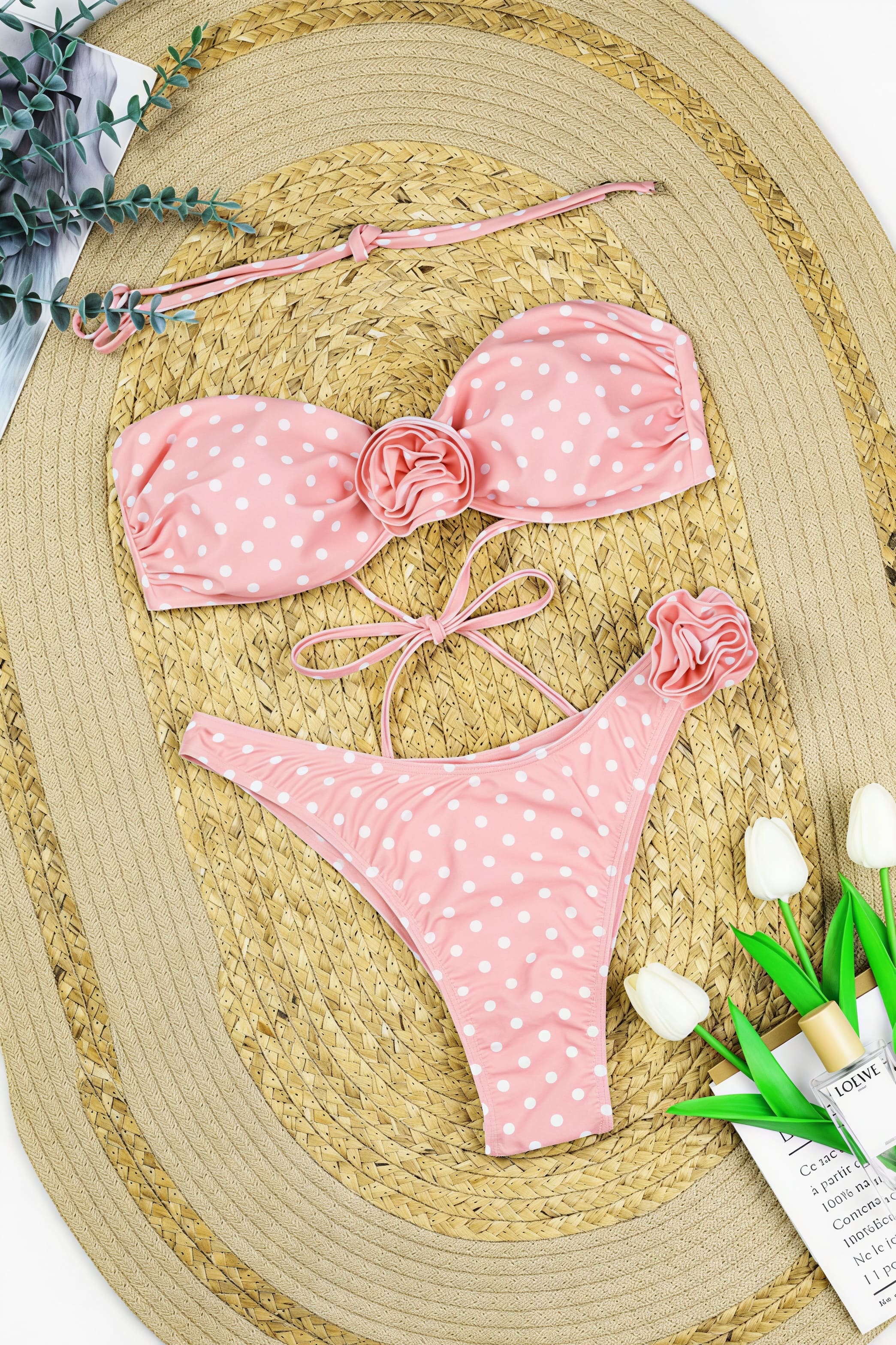 Chic Dot Print Floral Embroidery High Waist Bikini Sets image 4