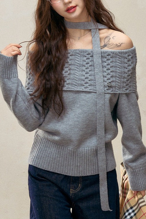 Off-the-shoulder Fitted Cable Knit Blouse image 1