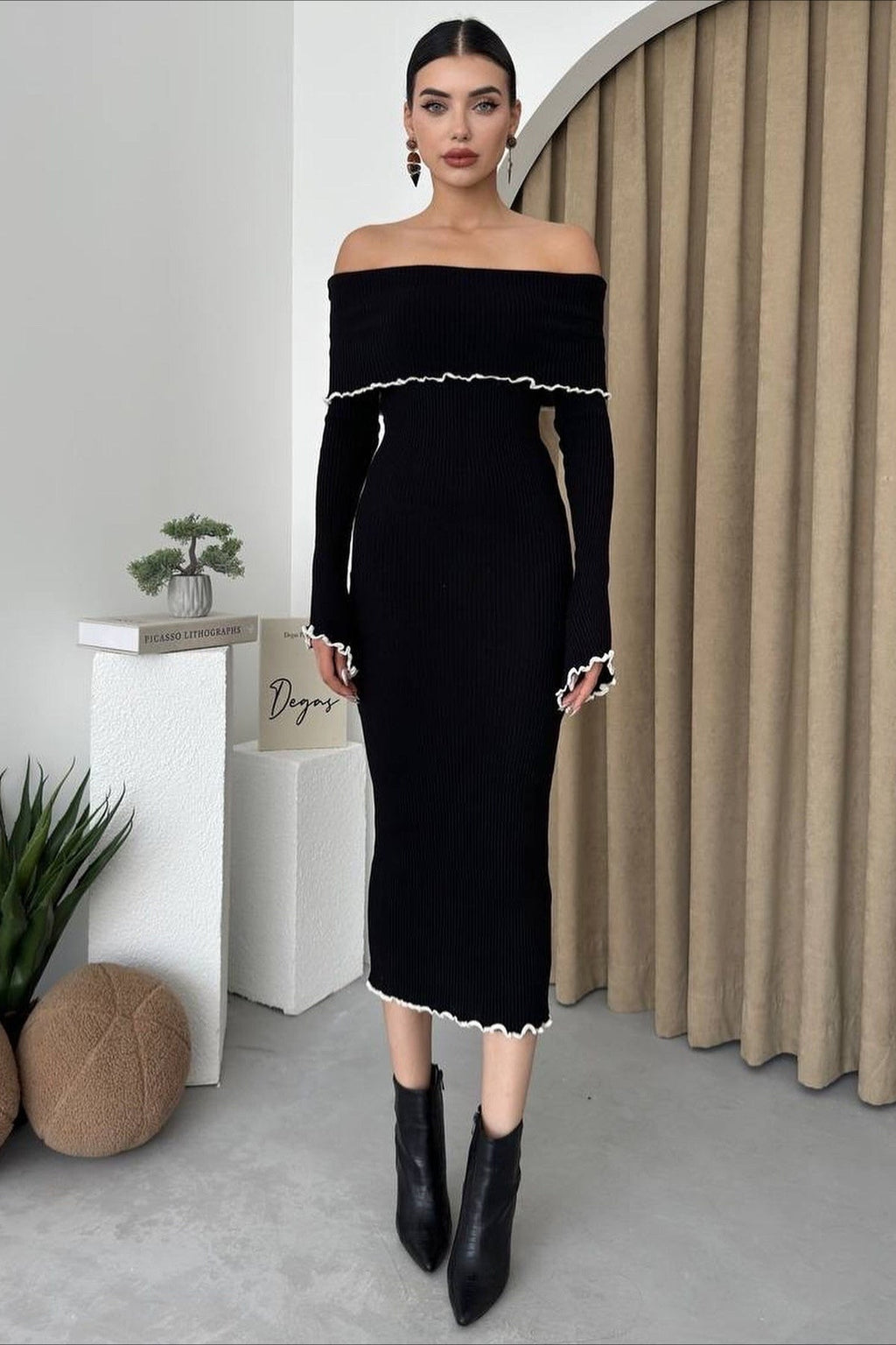 Ribbed Off Shoulder Color Block Knit Sweater Dress image 9