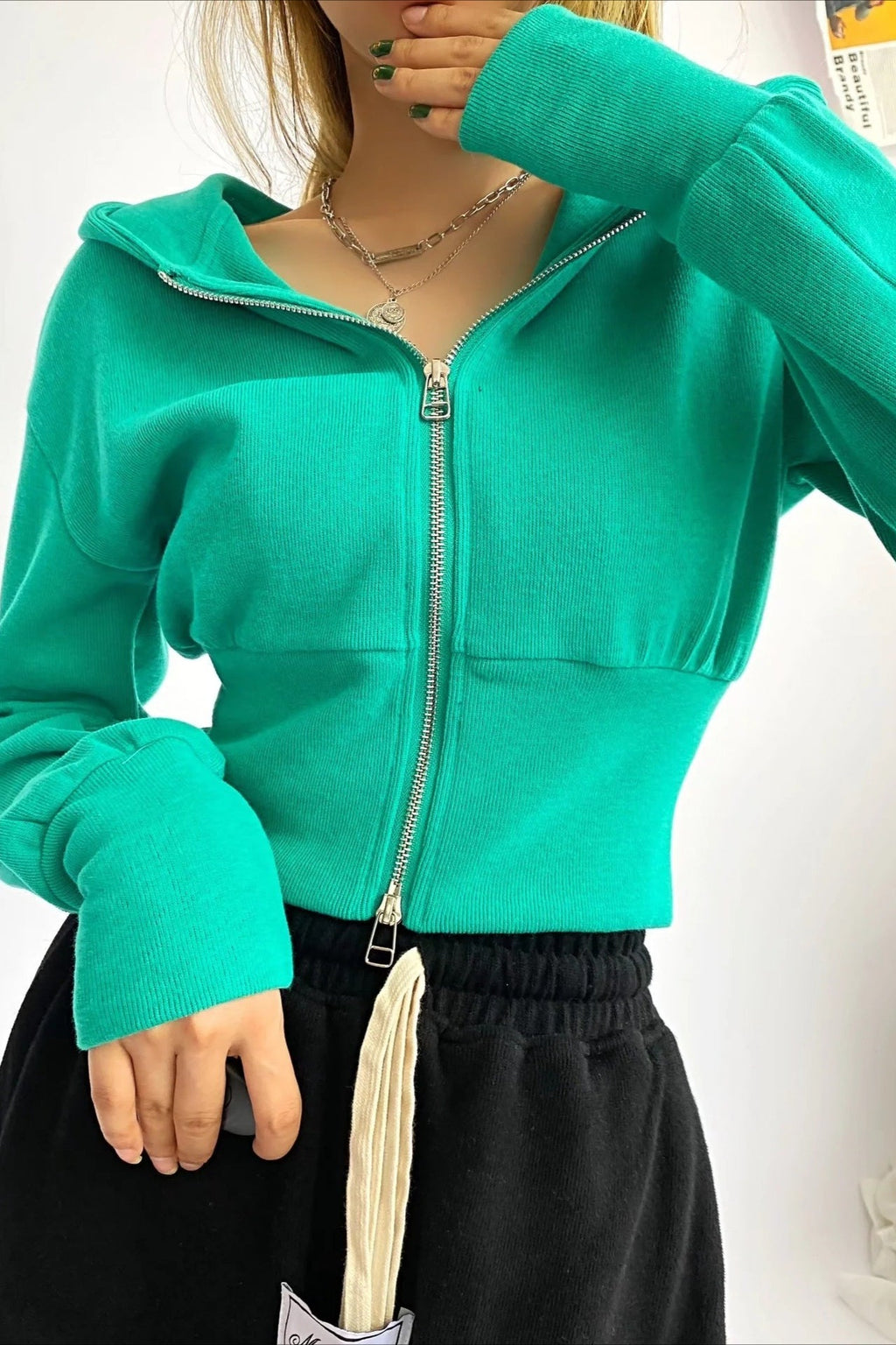 Solid Dual Zipper Slim Cropped Hoodie image 12