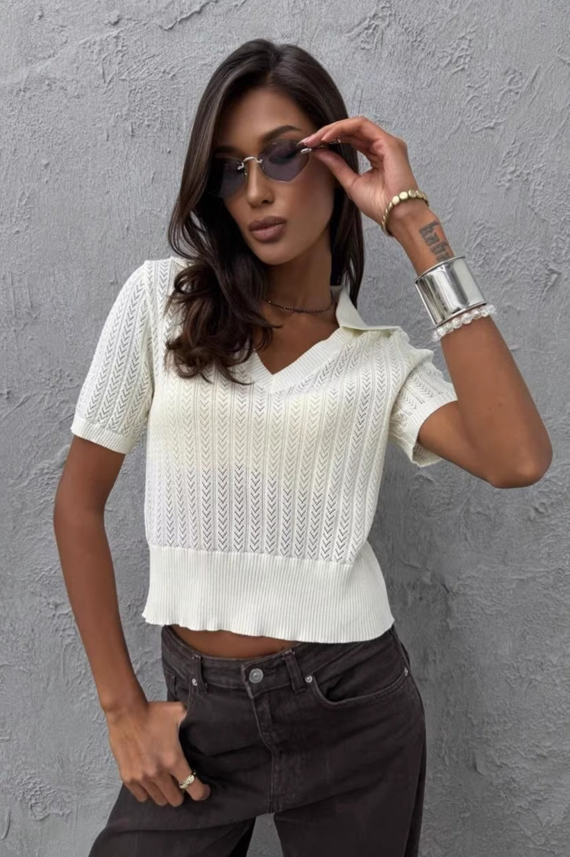 Minimalist Solid V Neck Knit Crop T-shirt image 5