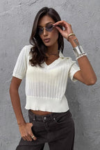 Minimalist Solid V Neck Knit Crop T-shirt image 5