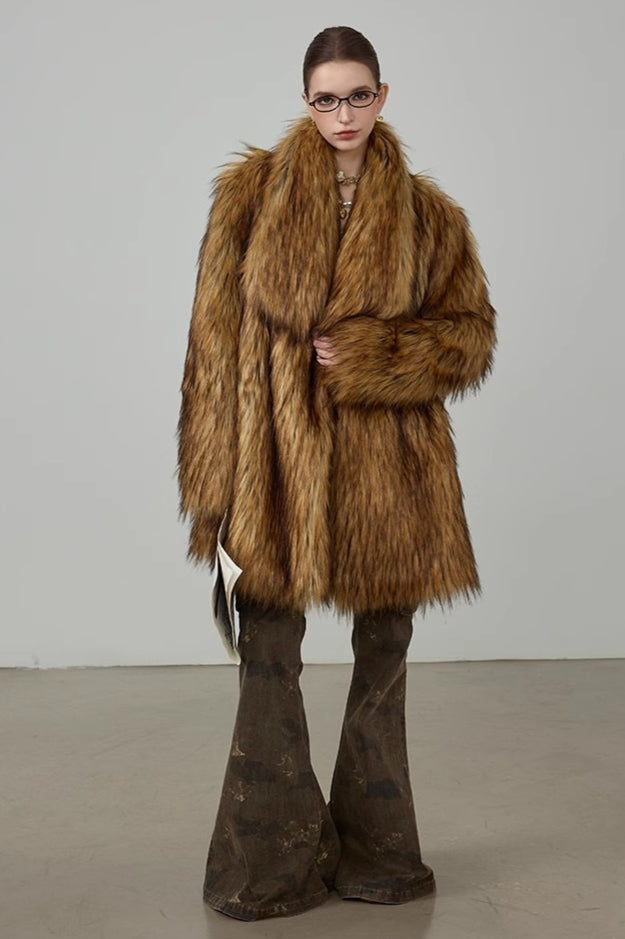 Plush Faux Animal Fur Loose Warm Mid-Length Notch Collar Coat image 5