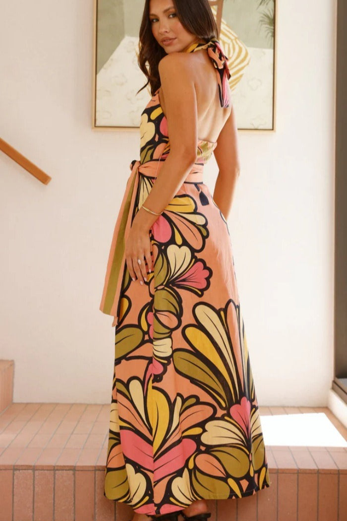 Floral Print Halter Belted Waist Maxi Dress image 3