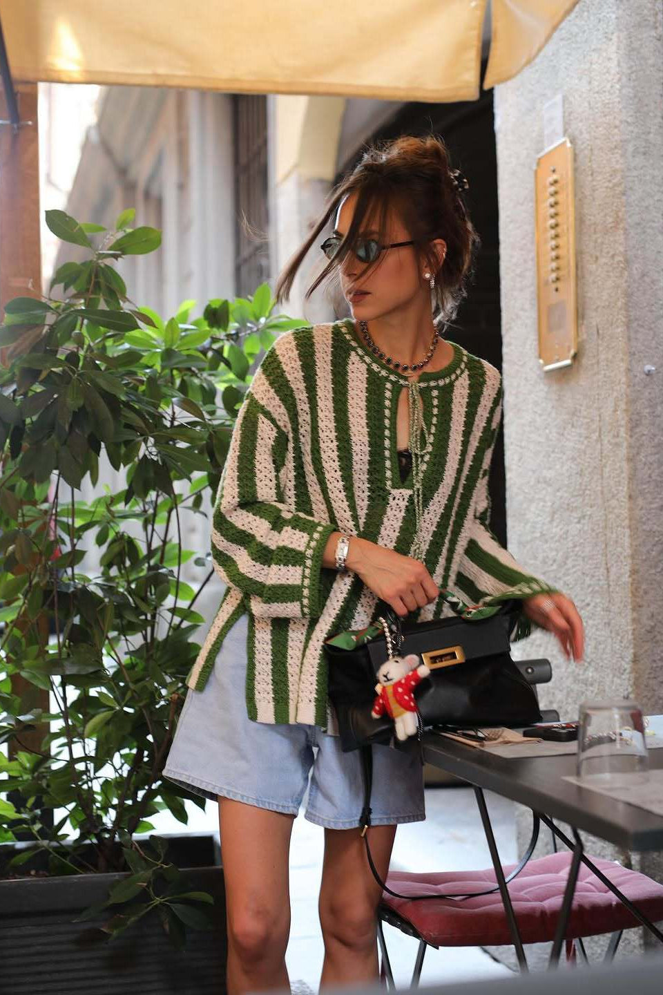 Green White Vertical Stripe Tie Waist Knit Sweater image 1