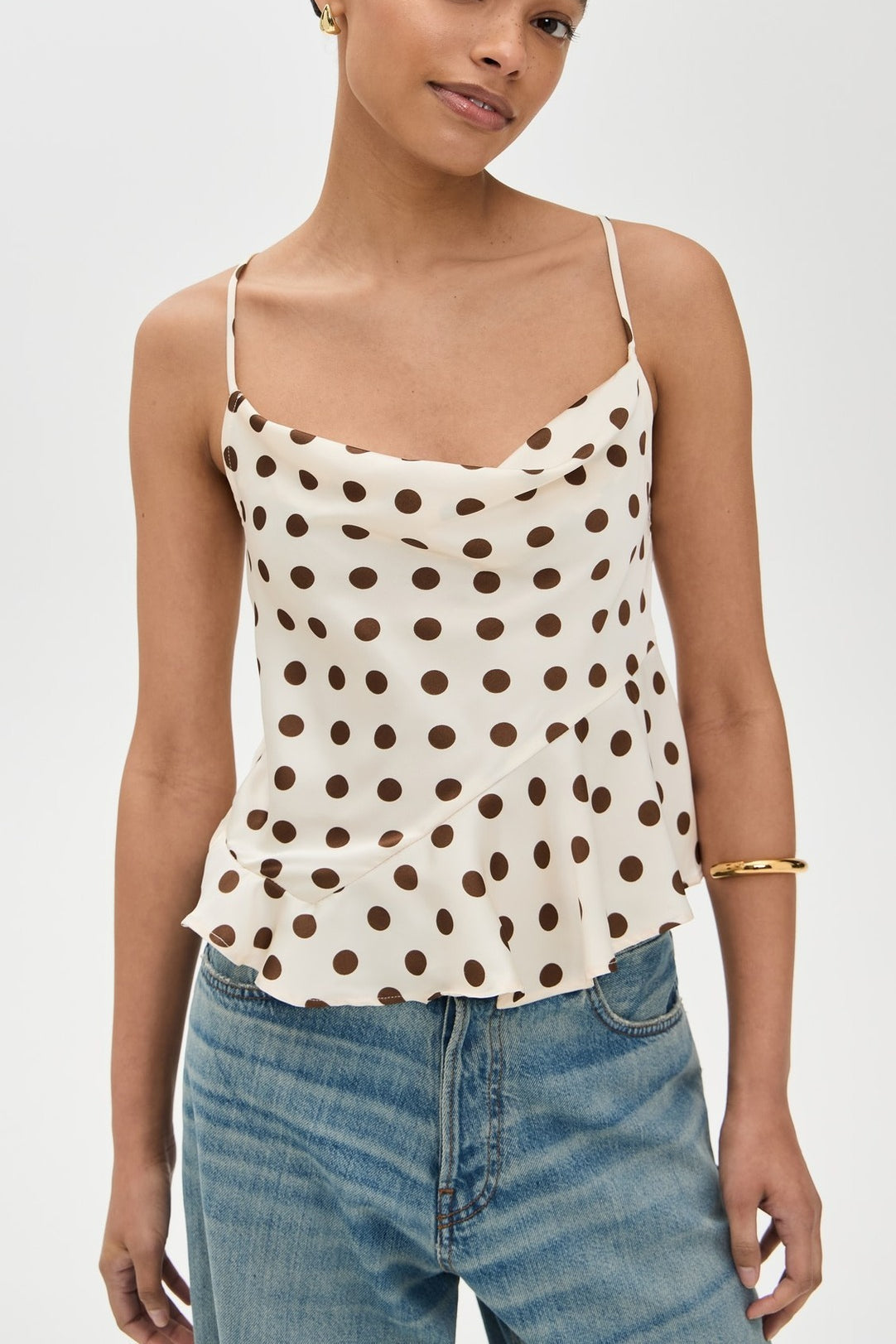 Ruffle Draped Neck Polka Dot Tie Back Cami Top image 1