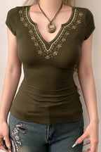 Retro V Neck Embroidered Knit Blouse image 2