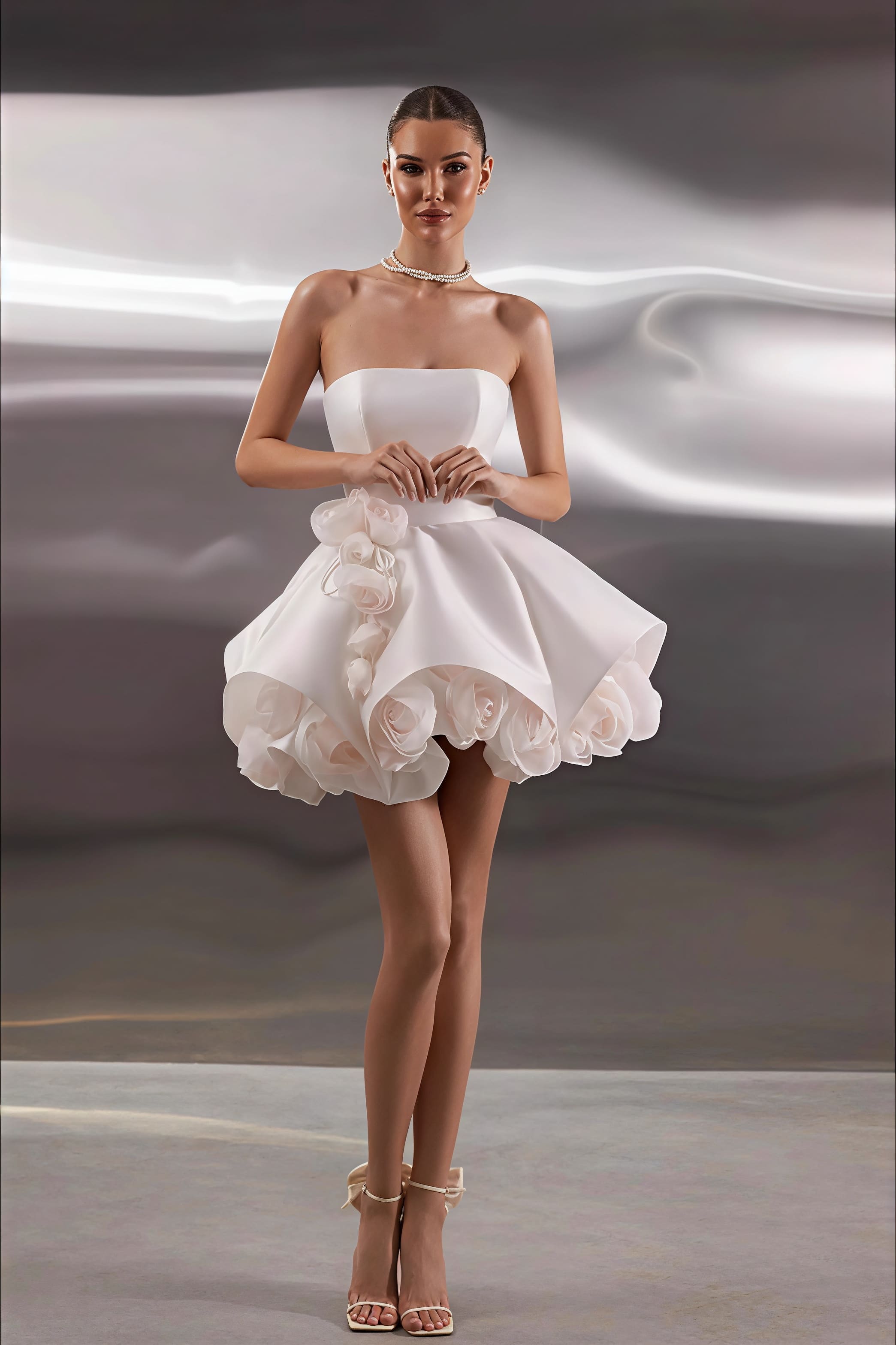 Elegant Satin Bandeau Flower Ball Gown Reception Dress image 4