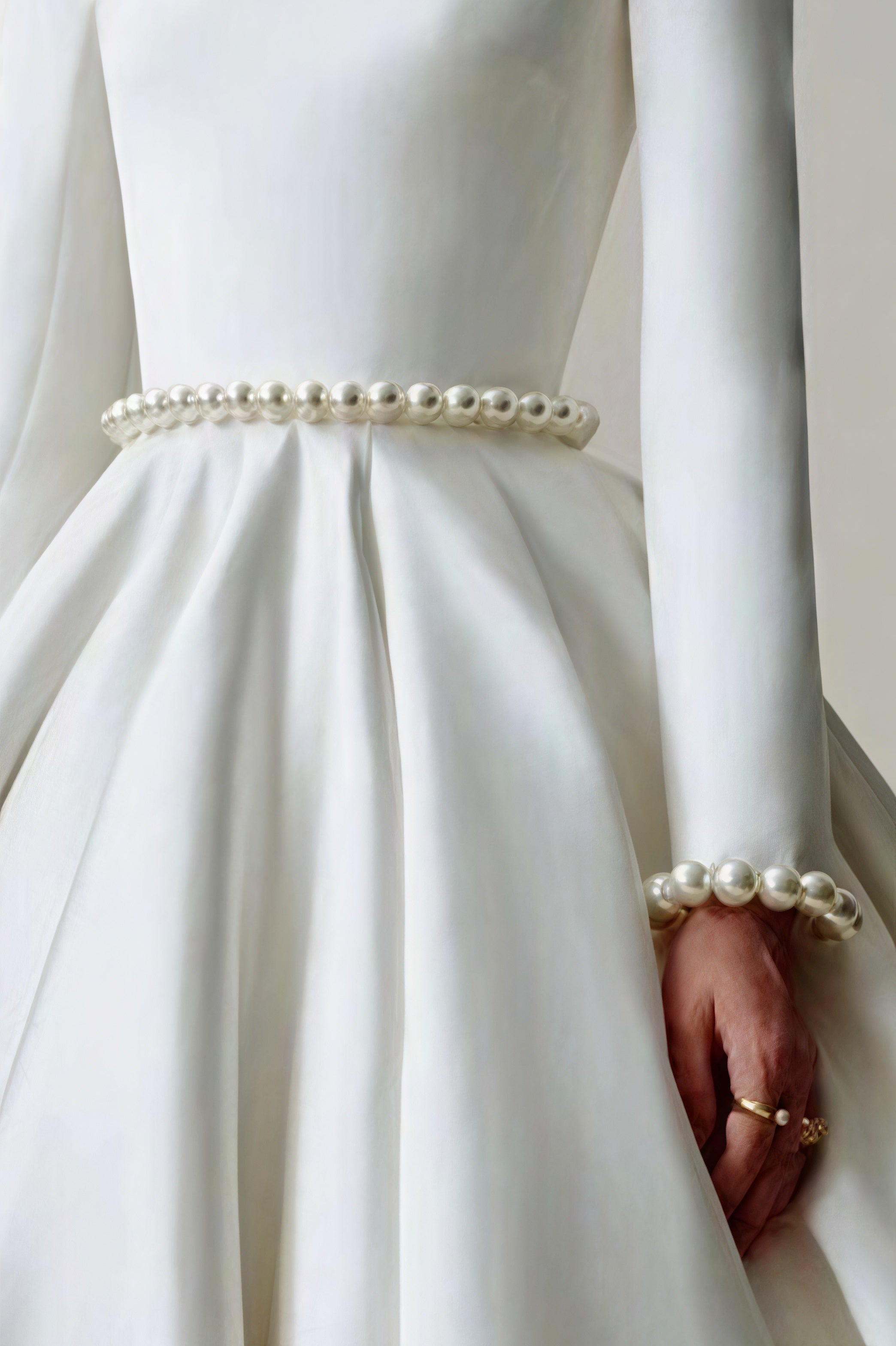 Vintage Satin Pearl Long Sleeve Off Shoulder Wedding Dress image 5