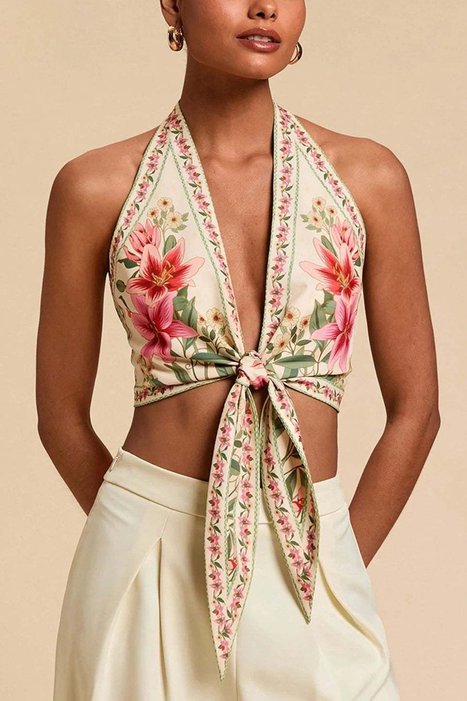 Boho Floral Backless Tie Halter Top image 6