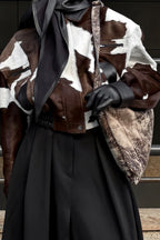 Cow Print Faux Leather Notch Collar Coat image 3