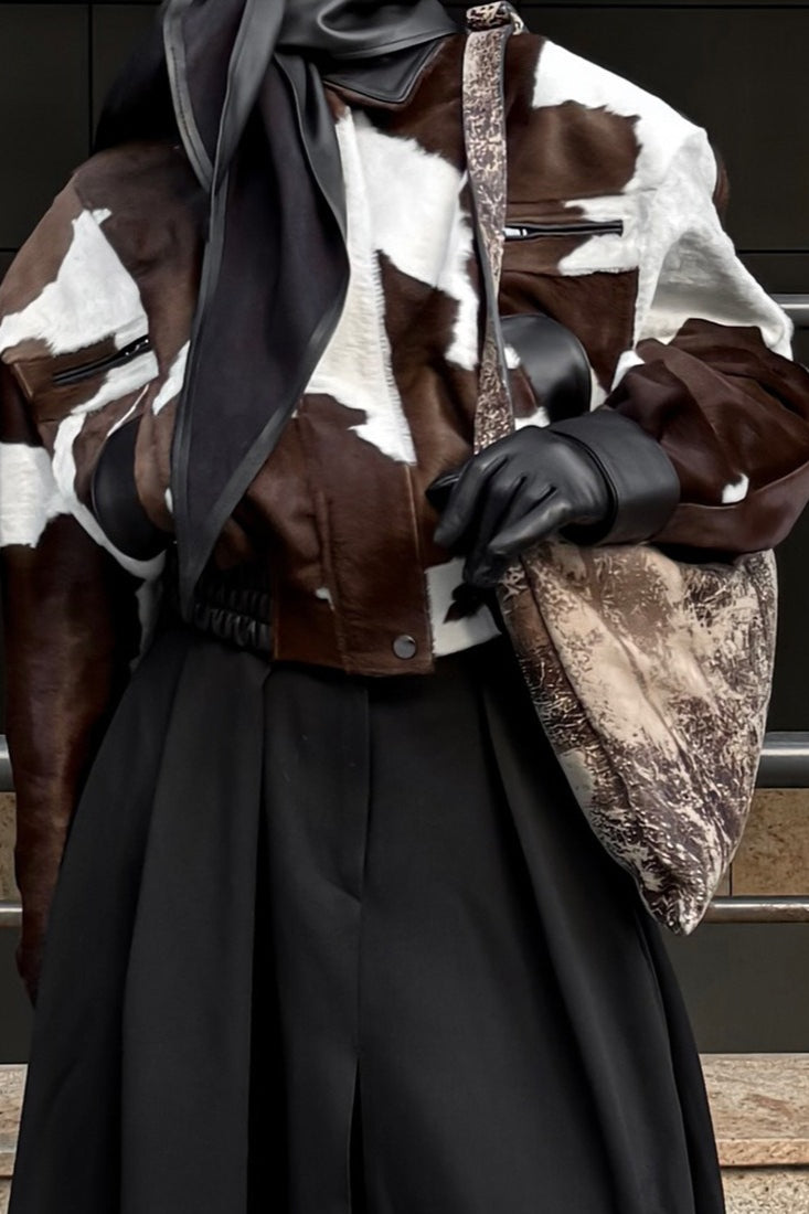 Cow Print Faux Leather Notch Collar Coat image 3