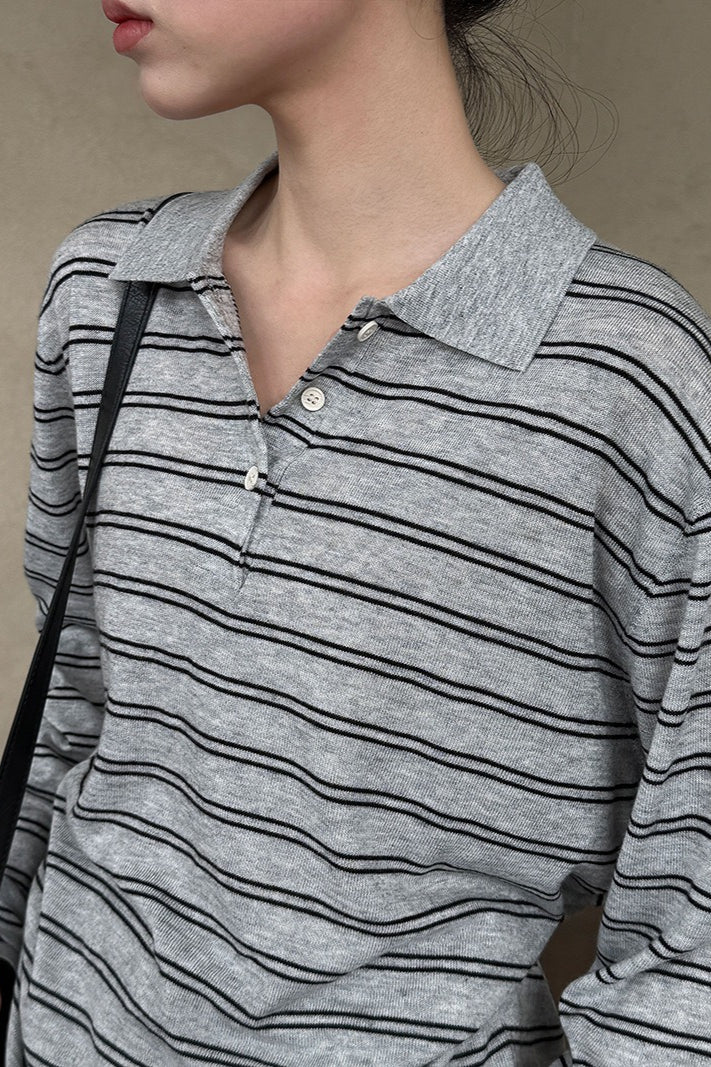 Soft Wool Striped Polo Collar Long Sleeve Long Sleeve Tee image 4