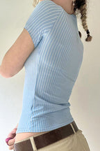 Basic Striped Knit Short Sleeve Slim Blouse image 4