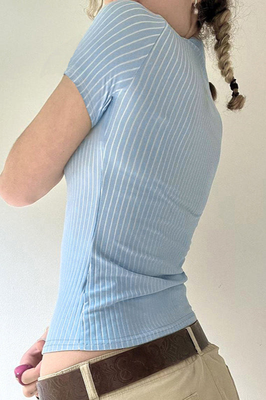 Basic Striped Knit Short Sleeve Slim Blouse image 4