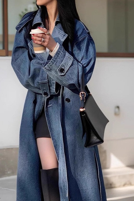 Washed Denim Lazy-Chic Long Overcoat image 1