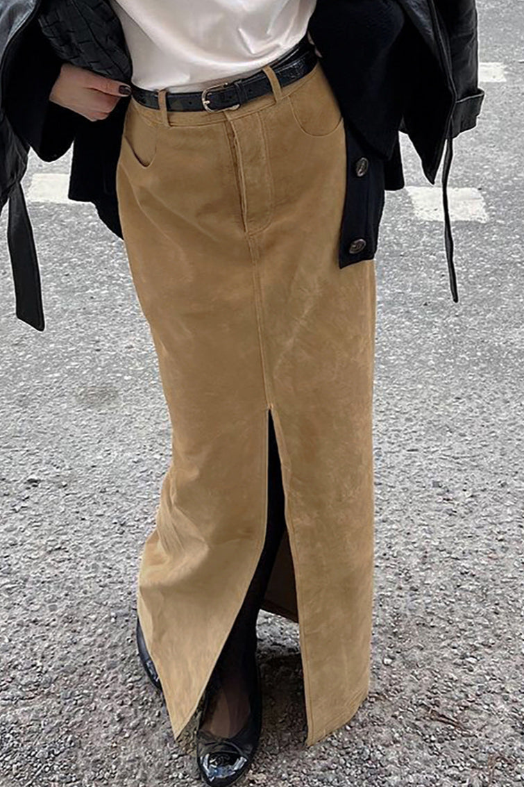 Vintage Suede Brown High Waist Split Midi Skirt image 1