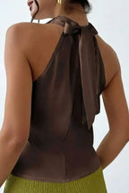 Cassia Satin Blouse detail view styled for Avrienne