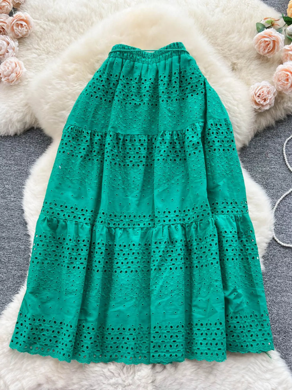Soleil Eyelet Skirt detail view styled for Avrienne