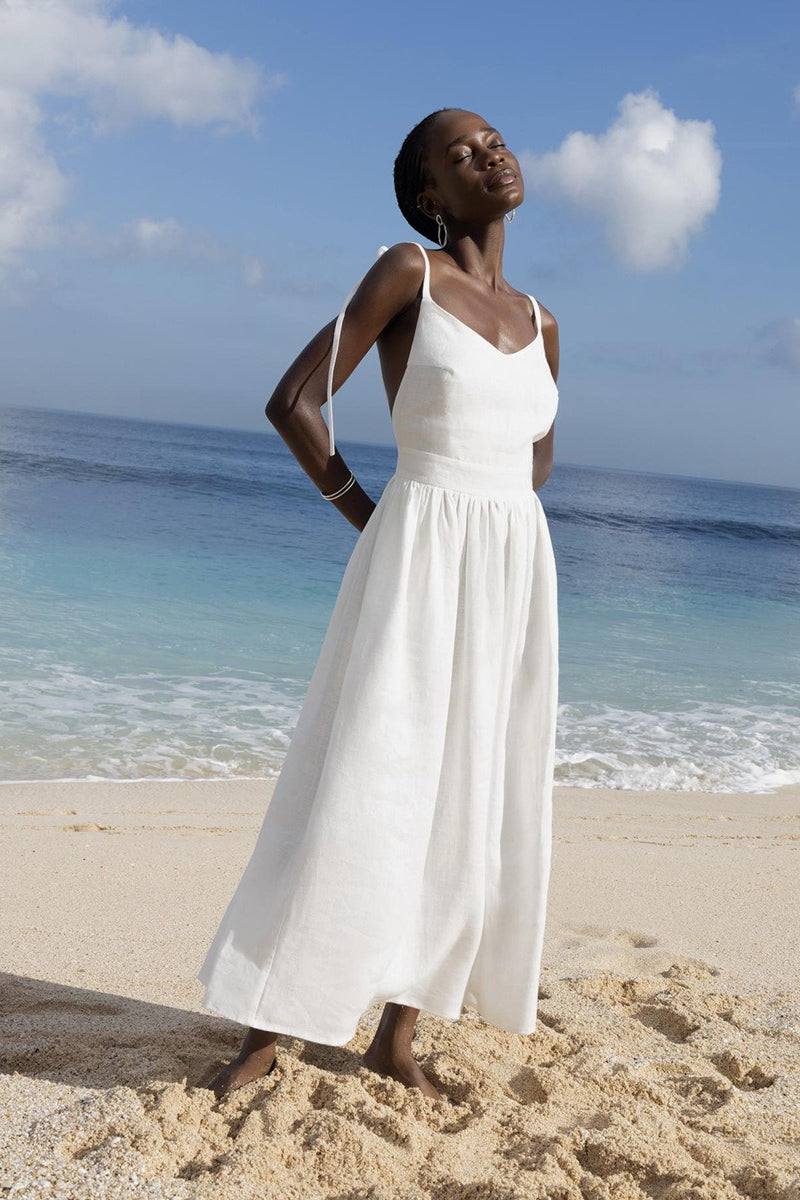 Cotton V Neck Spaghetti Strap Elegant Tie Backless Midi Dress image 6