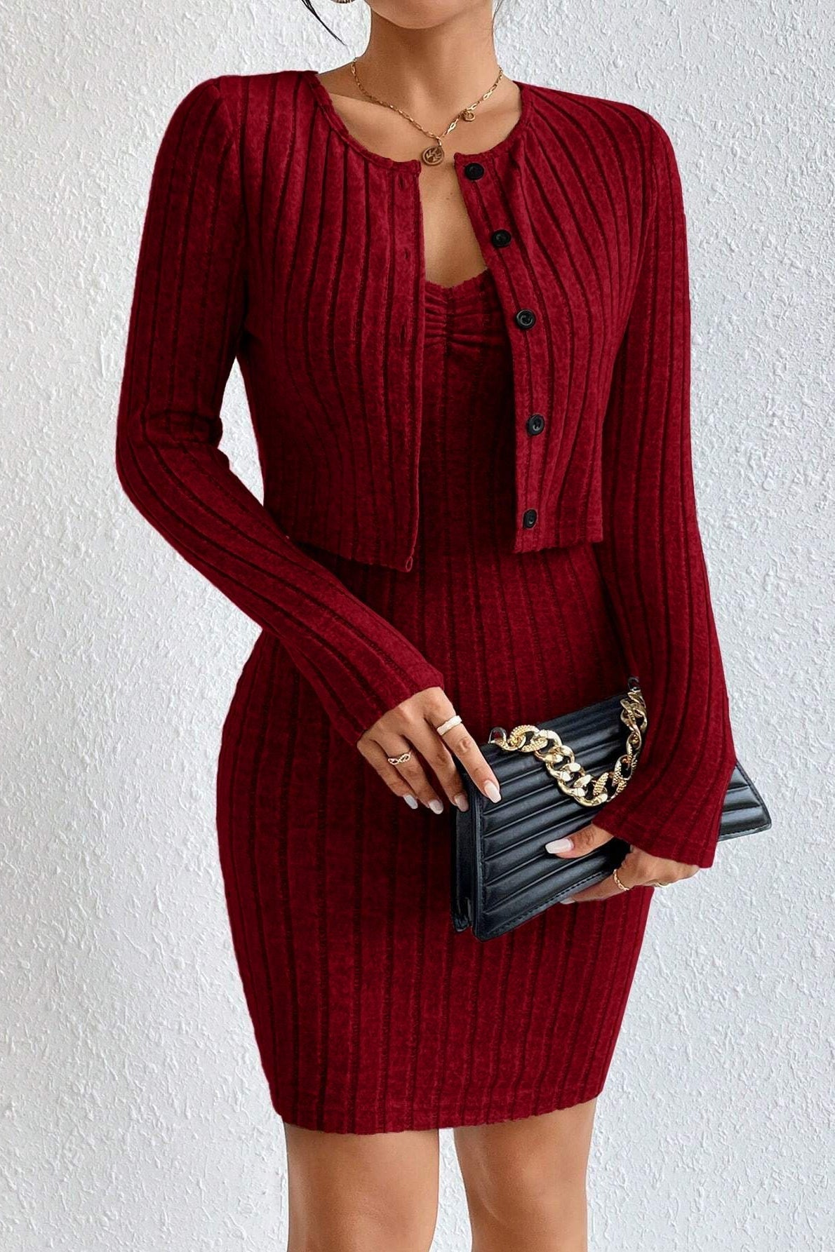 Elegant Solid Slim Crop Cardigan Dress Two Piece Set image 2