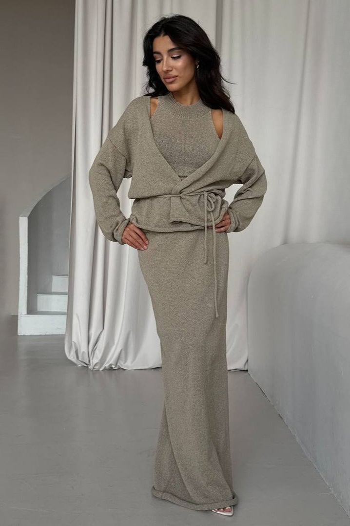 Chic Knit Vest & Bodycon Skirt with Belt Three Piece Set image 1