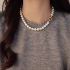 Elisa Pearl Necklace detail view styled for Avrienne