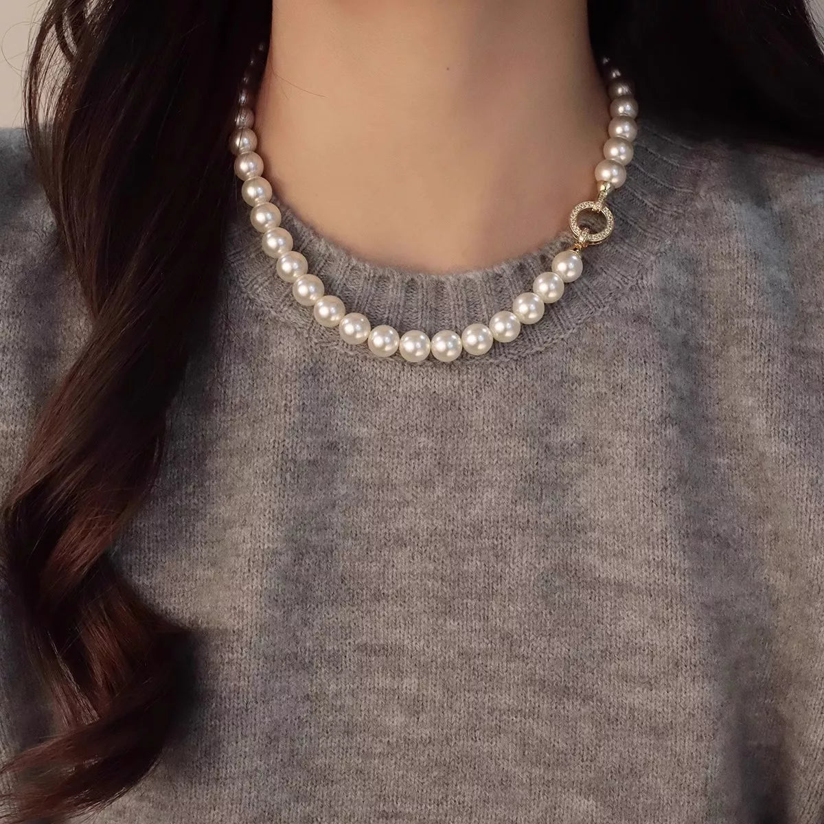 Elisa Pearl Necklace detail view styled for Avrienne