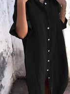 Marseille Linen Shirt Dress detail view styled for Avrienne