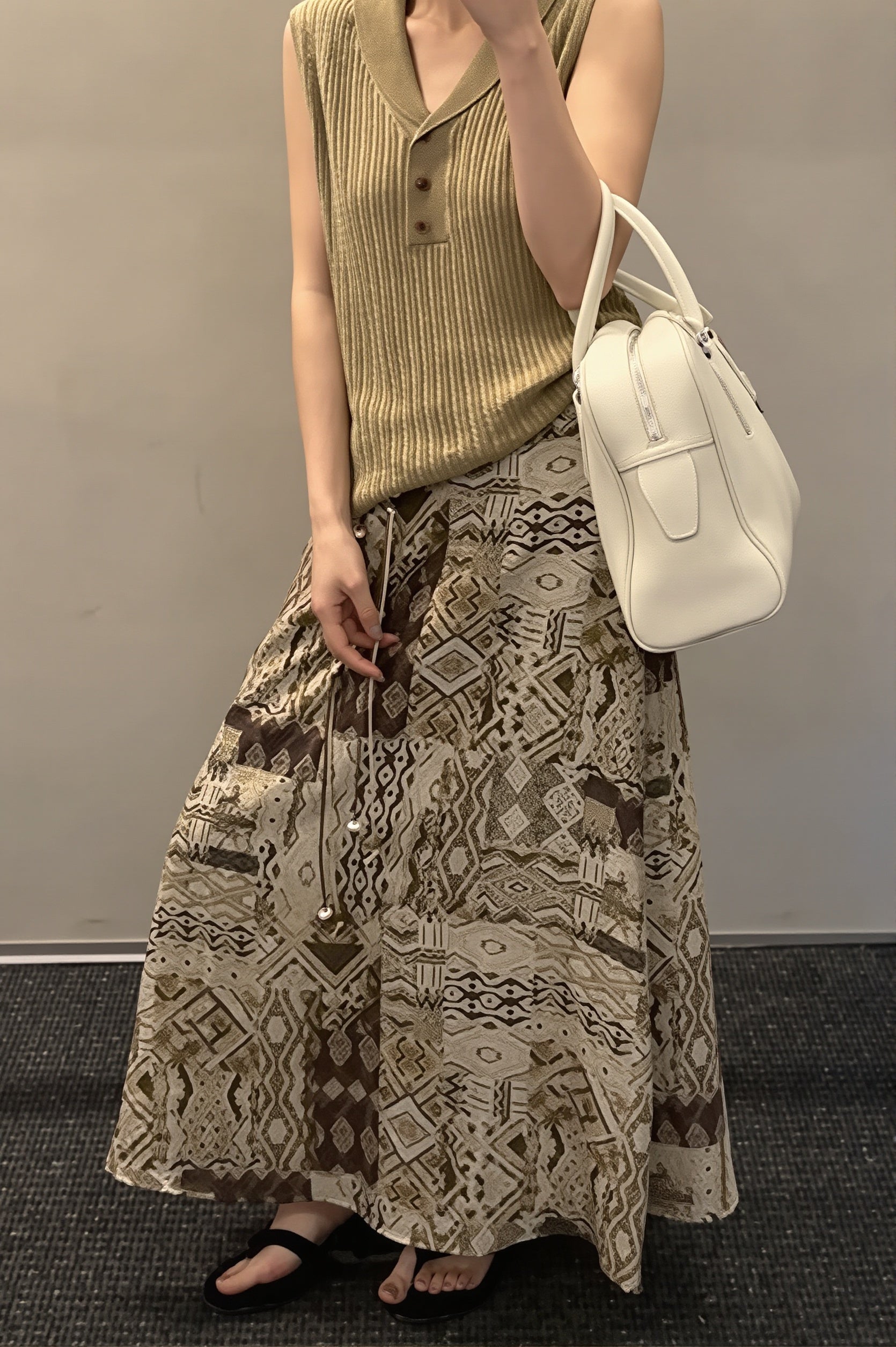 Vintage Print Beaded Belt A Line Maxi Skirt image 4