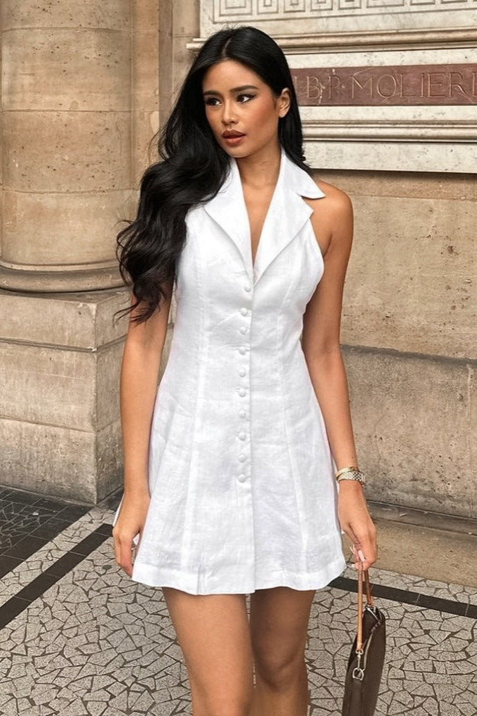Halter V Neck Button Down A Line Mini Dress image 1