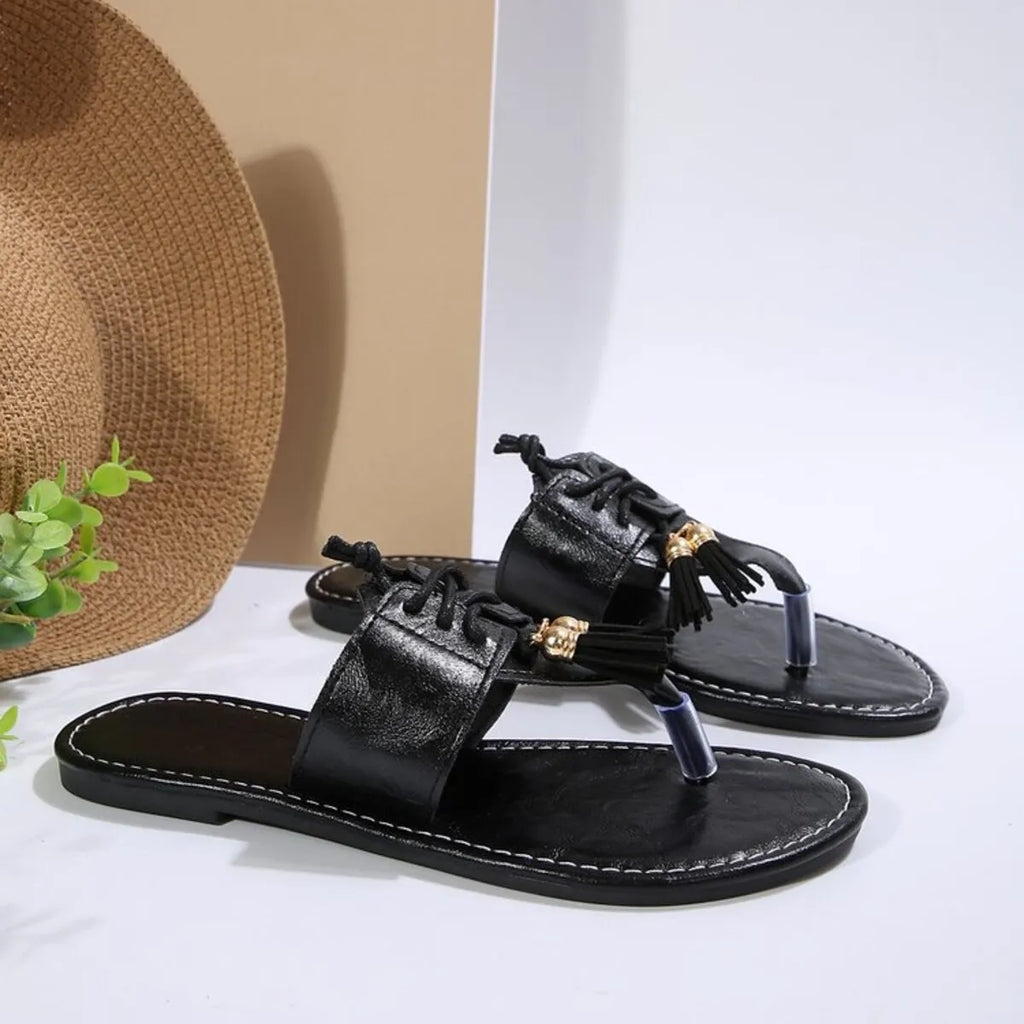 Elodie Toe-Loop Sandals detail view styled for Avrienne