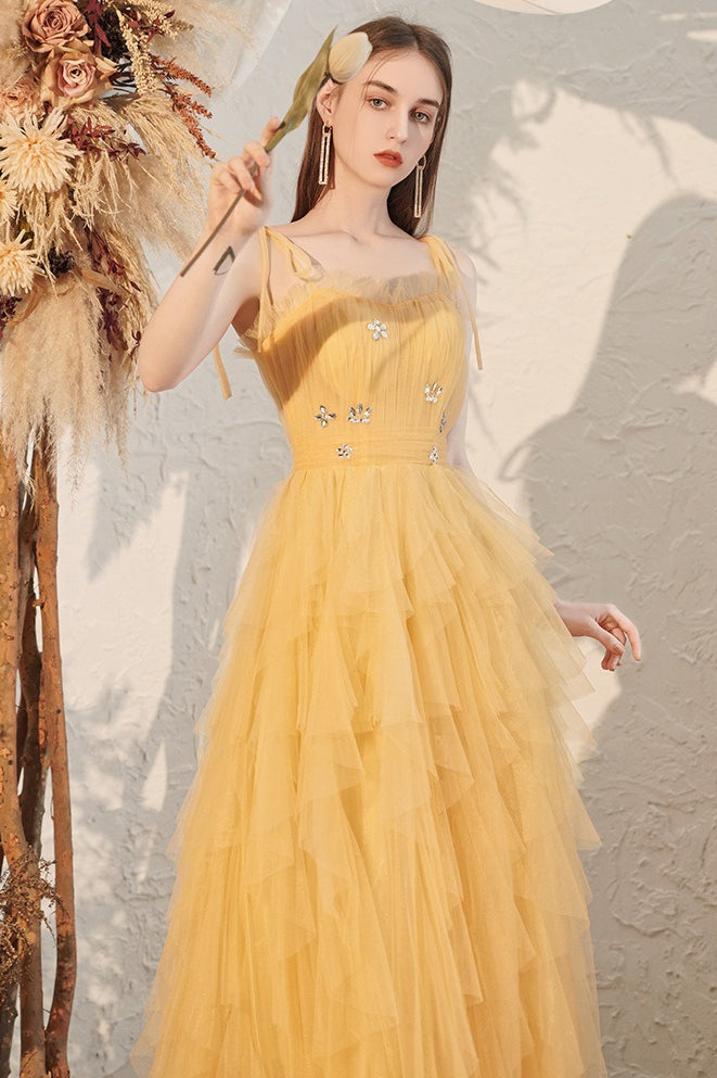 Yellow Spaghetti Strap Mini Formal Dress image 2