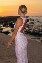 V-Neck Floral Jacquard Backless Vacation Maxi Dress image 3