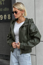 Black Faux Leather Hooded Loose Streetwear Jacket image 4