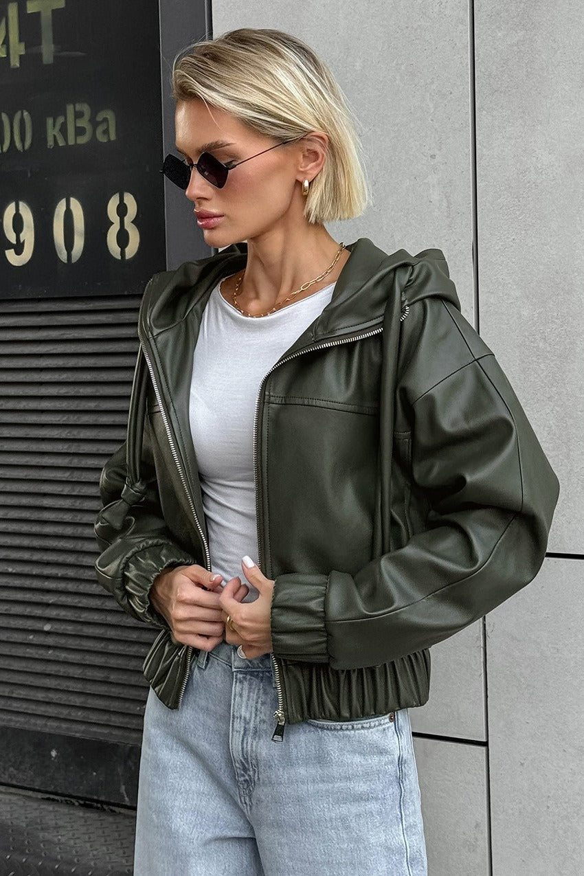 Black Faux Leather Hooded Loose Streetwear Jacket image 4