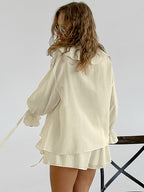 Ruffled Hem Tie Front Cardigan & Shorts Set Blouse image 5