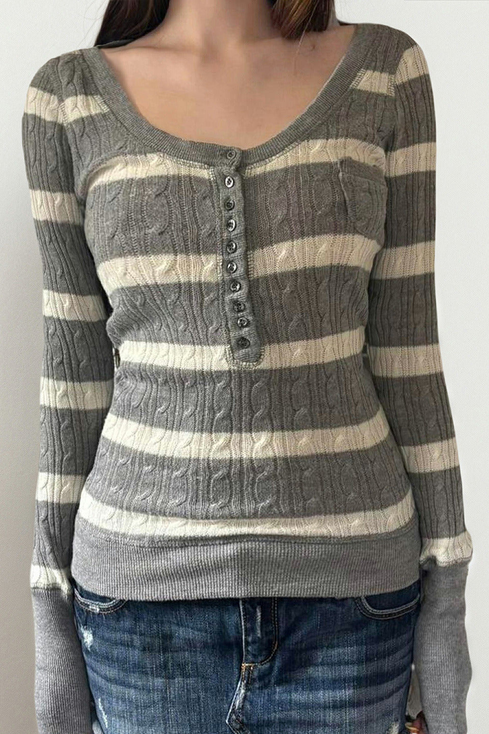 Cable Knit Striped Square Neck Sweet Knit Sweater image 1