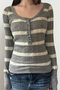 Cable Knit Striped Square Neck Sweet Knit Sweater image 1