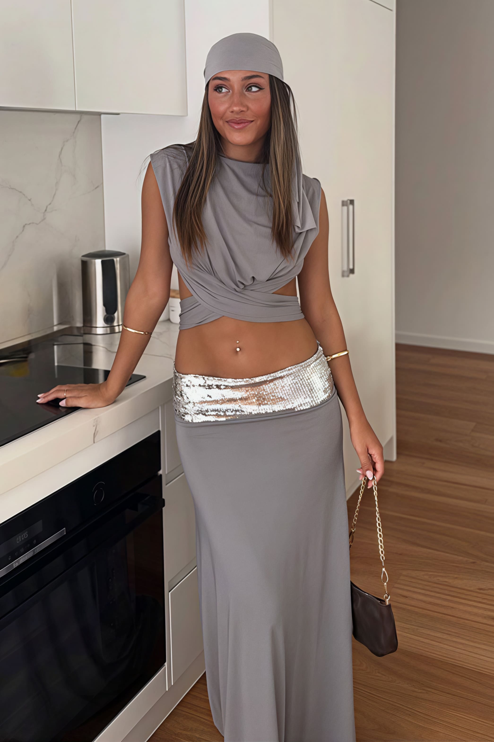 Solid Backless Tie Top Sequin Maxi Skirt Set image 1