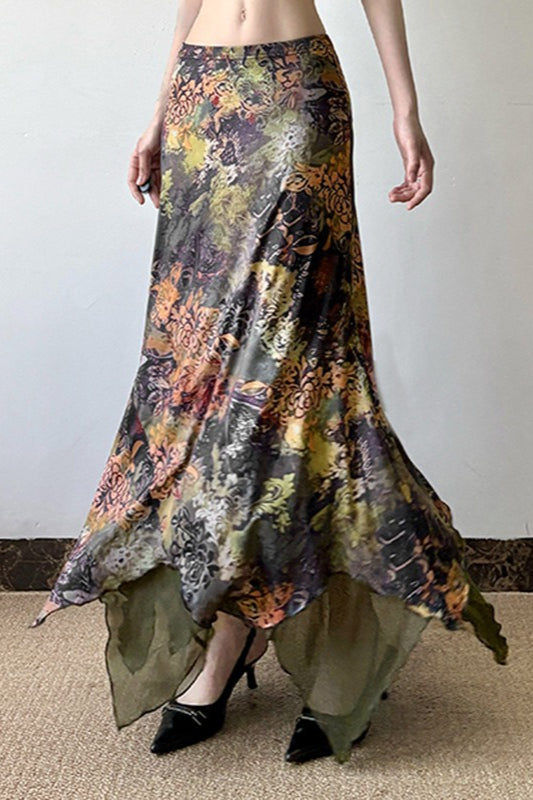 Botanical Print Mesh A-Line Maxi Skirt image 1