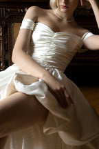 Satin Off Shoulder High Low Reception Dress image 6