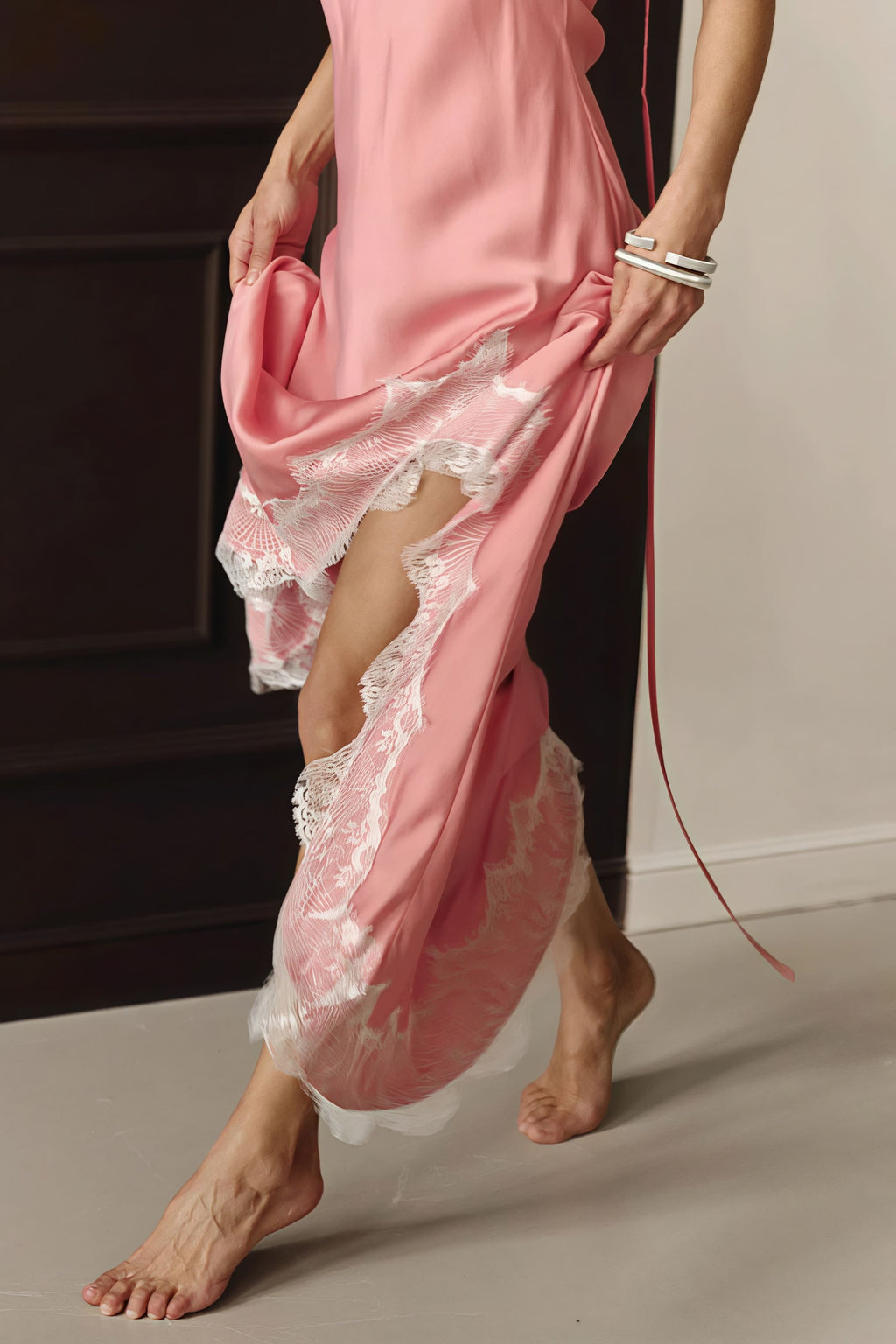 Lace Spaghetti Strap Silk-Like Slit Maxi Dress image 3