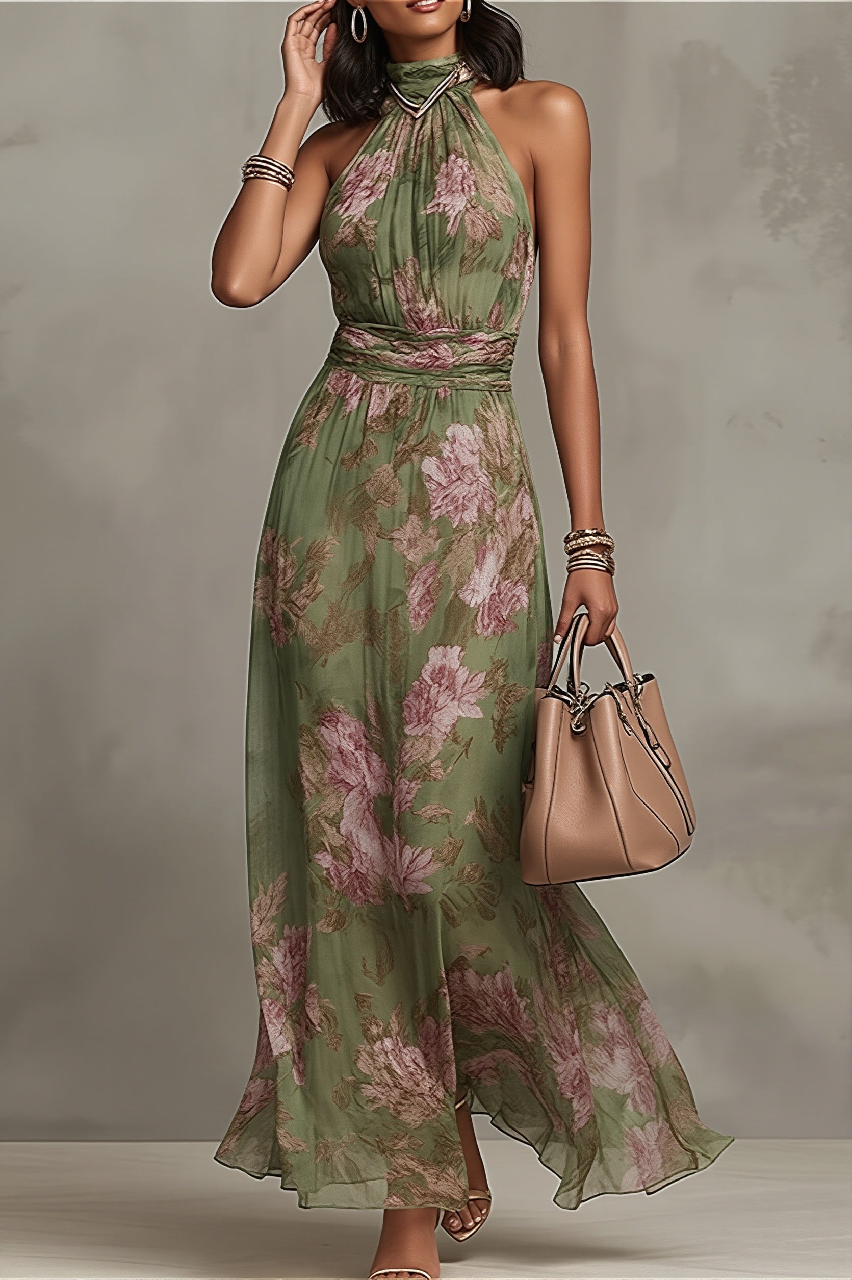 Light Elegant Halter Floral Maxi Dress image 4