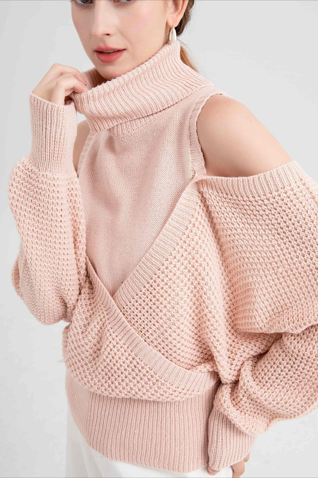 High Neck Off-Shoulder Double Layer Knit Sweater image 1