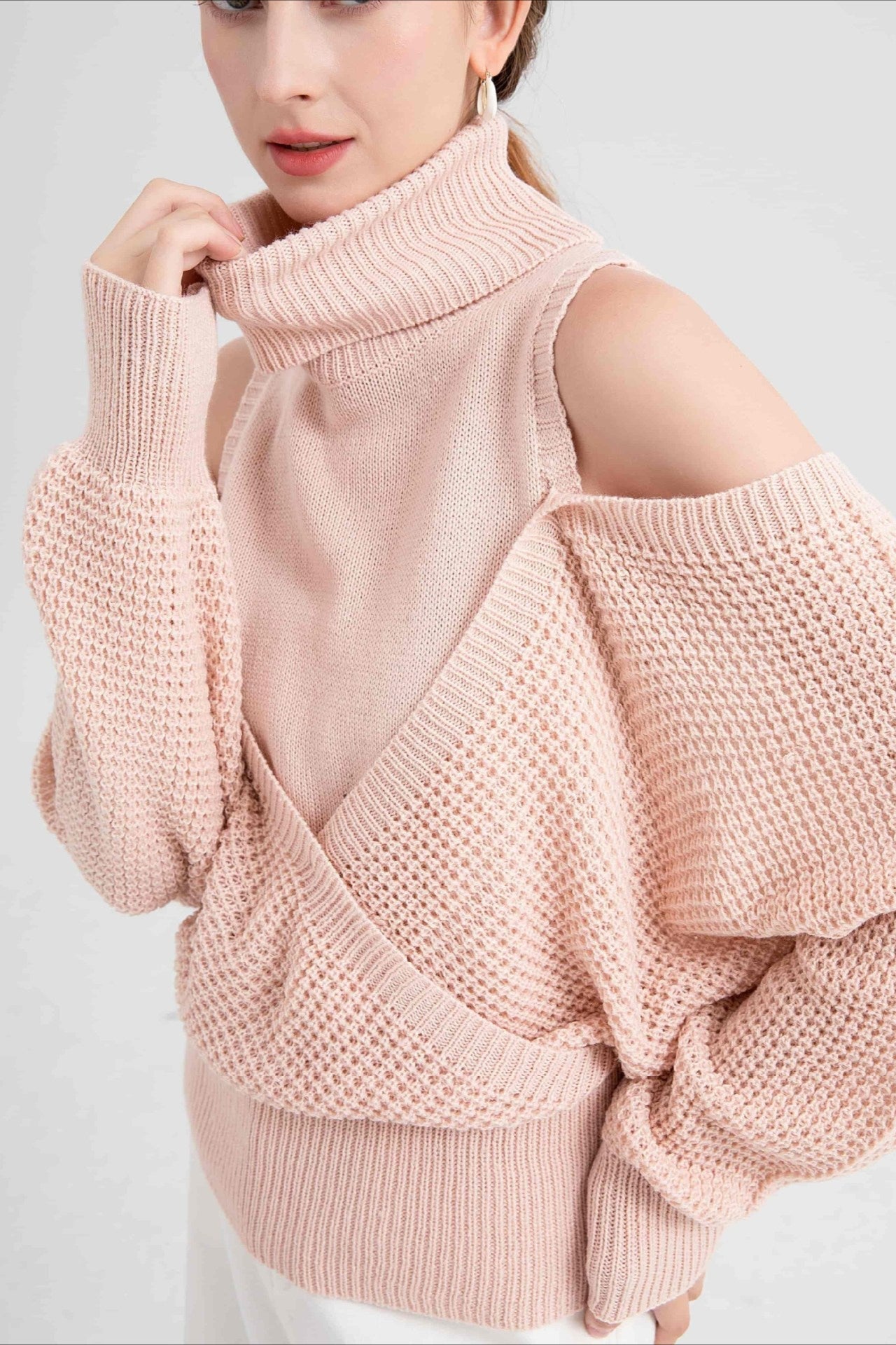 High Neck Off-Shoulder Double Layer Knit Sweater image 1