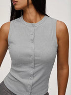 Elara Button Tank detail view styled for Avrienne