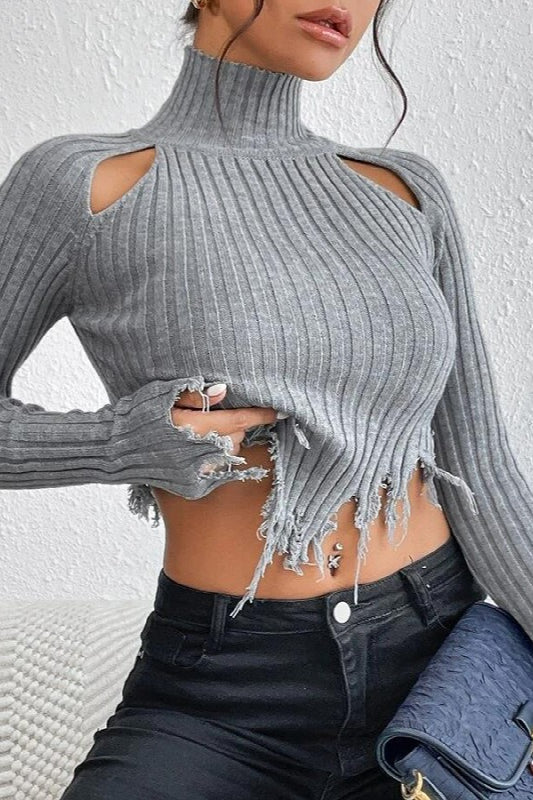 Distressed Cropped Turtleneck Knit Top image 2