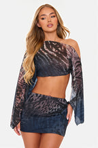 Tiger Print Mesh Off Shoulder Skirt Set image 2