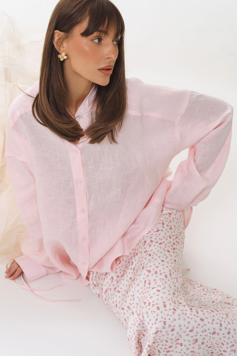 Pink Structured Tie-Waist Long Sleeve Blouse image 1